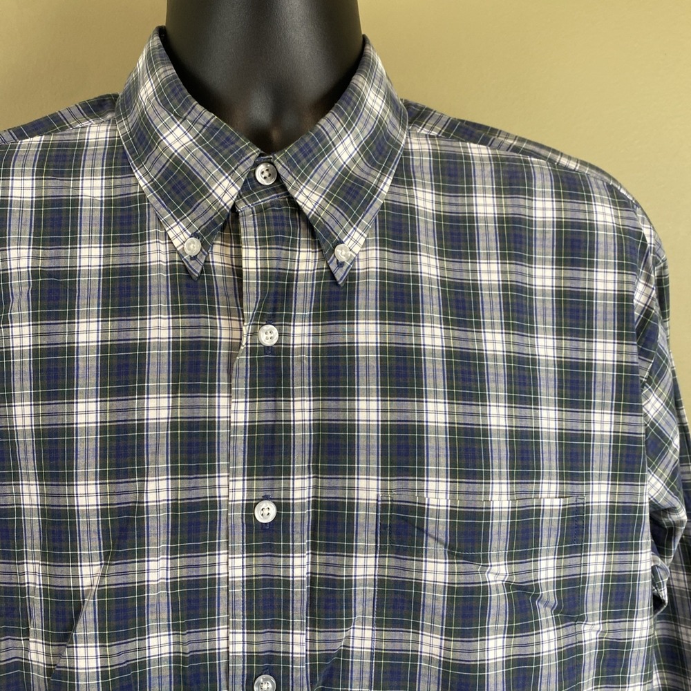 Vintage LL Bean Shirt Mens Large Blue Green White Plaid Button Down Cotton VTG
